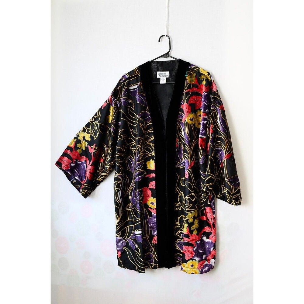Anthony Richards Black velvet burnout Floral open cardigan long duster OS Kaftan